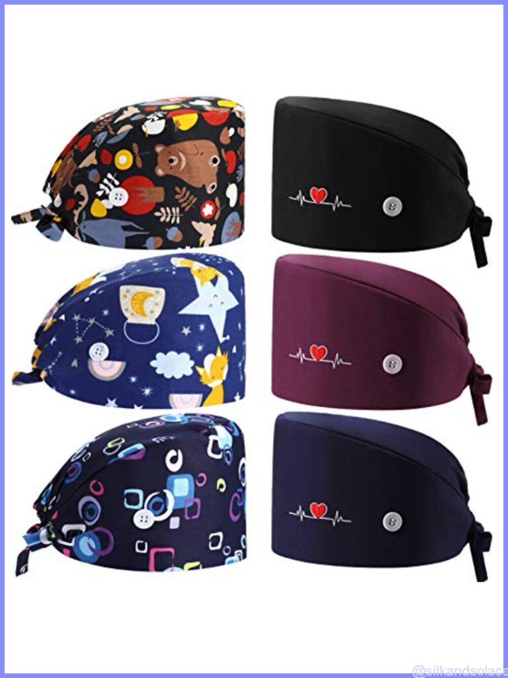 6 Pc Cotton Nurse Working Caps with Button Tie Back Scrub Hats Adjustable